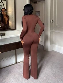 SHEIN SXY Women's New Brown Long Sleeve Jumpsuit For Night Out - Coffee Brown - View 2
