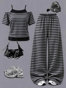 Tween Girls 2 Pcs Black & Grey Striped 2 In 1 Off-Shoulder Camisole Short Sleeve T-Shirt & Wide Leg Pants Set, Black Top - Multicolor - View 1