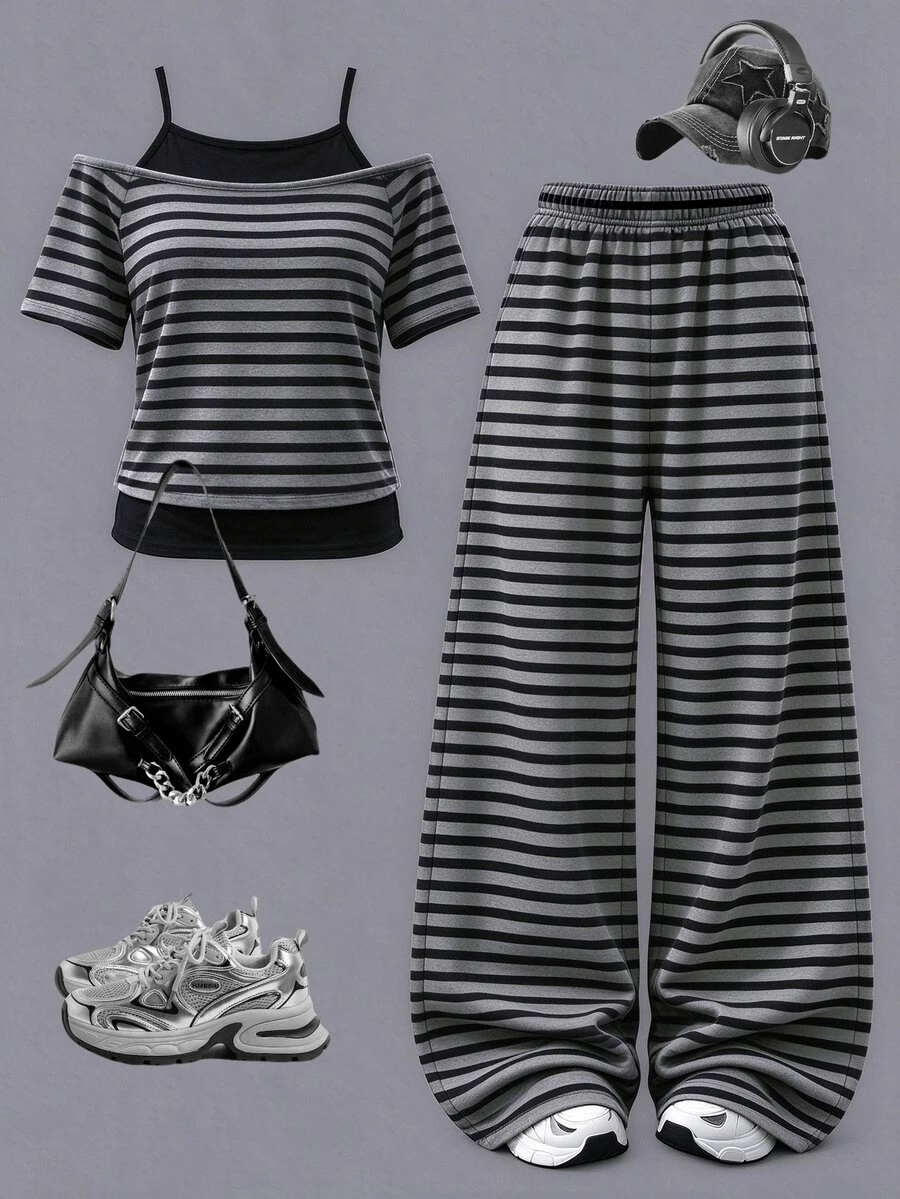 Tween Girls 2 Pcs Black & Grey Striped 2 In 1 Off-Shoulder Camisole Short Sleeve T-Shirt & Wide Leg Pants Set, Black Top - Multicolor - View 1
