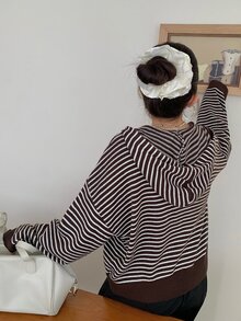 Dazy Plus Plus Size Striped Color Block Zipper Knit Cardigan - Brown - View 2