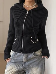 StreetHx Women's Studded Decor Zipper Casual Daily Outing Hooded Cardigan - Black - View 3