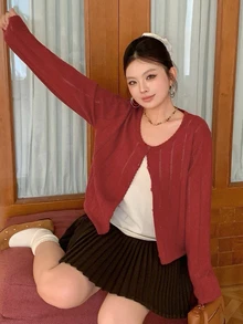 Dazy Plus Solid Color Loose Hollow Round Neck Long Sleeve Short Casual Vacation Spring Autumn Knit Cardigan - Burgundy - View 7