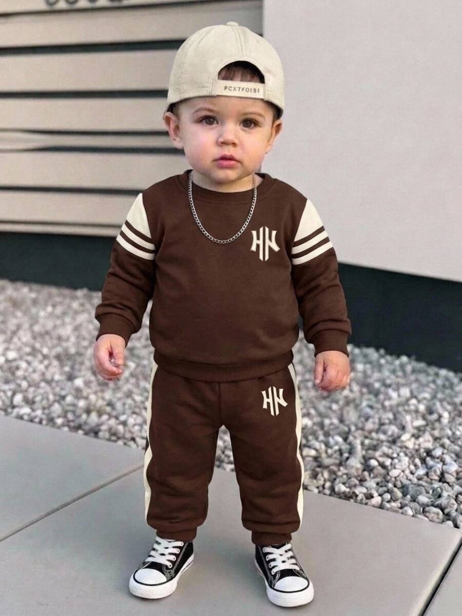Infant Toddler Round Neck Casual Comfortable Outfit With Letter Pattern, Suitable For Autumn/Winter - Multicolor - View 1
