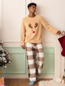 Chillnights Men's Deer Horn Embroidered Long Sleeve Fleece Top And Plaid Pants Loungewear Set - Brown - View 2