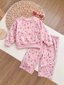 SHEIN 女嬰花卉印花長袖運動衫與長褲休閒日常套裝 - 粉色 - 查看 7
