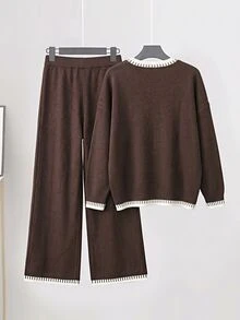 Linhara Plus Size Women's Colorblock Long Sleeve Top And Long Knit Casual Everyday Set - Brown - View 2