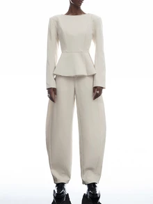 LYSMO Women's Solid Color Long Sleeve Jacket And Pants Casual Suit Set - White - View 3