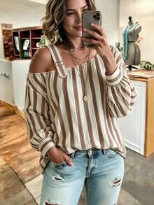 Weeklong Women's Plus Size Autumn/Winter Casual Asymmetrical Shoulder Long Sleeve Brown Striped Print Loose Blouse - Multicolor - View 5