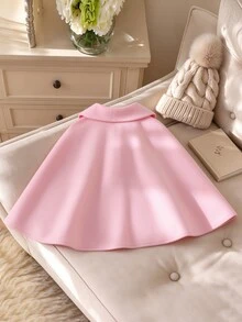 SHEIN Elladie kids 女童玫瑰紅拼接3D鉤編花朵披肩領大衣，淑女風，秋冬新款，返校季，節日穿搭 - 粉色 - 查看 2