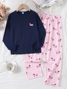 Tween Girl Blue Ribbed Cute Puppy Print Long Sleeve Top, Puppy Pink Ribbed Pants Loungewear Set, Round Neck Ribbed, 2 Pieces Set, Soft Autumn/Winter Set - Navy Blue - View 3
