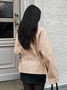 MainGRL 女款純色前綁帶長袖極簡優雅夾克，休閒日常穿搭，適合秋季/辦公室約會，杏色 - 杏色 - 查看 2