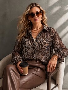 Ceyna Plus Size Women's Leopard Print Long Sleeve Casual Daily Vacation Shirt - Brown - View 7