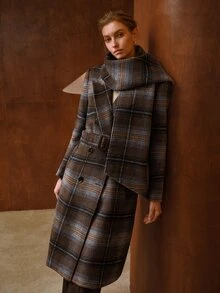 MOTF PREMIUM BROWN PLAID MID-LENGTH ELEGANT OVERCOAT WITH SCARF - Coffee Brown - View 6