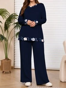 EMERY ROSE Plus Size Floral Print Long Sleeve Top And Pants 2 Pieces Set - Multicolor - View 6