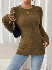SHEIN Frenchy 女款休閒優雅純色圓領長袖側開衩修身保暖刷毛T恤，秋冬上衣，適合早午餐與辦公室穿著 - 軍綠色 - 查看 4
