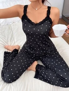 Napfluff Women's Polka Dot Print Lace Trim Camisole Pajama Set, Soft & Comfortable 2 Pieces Loungewear - Multicolor - View 7