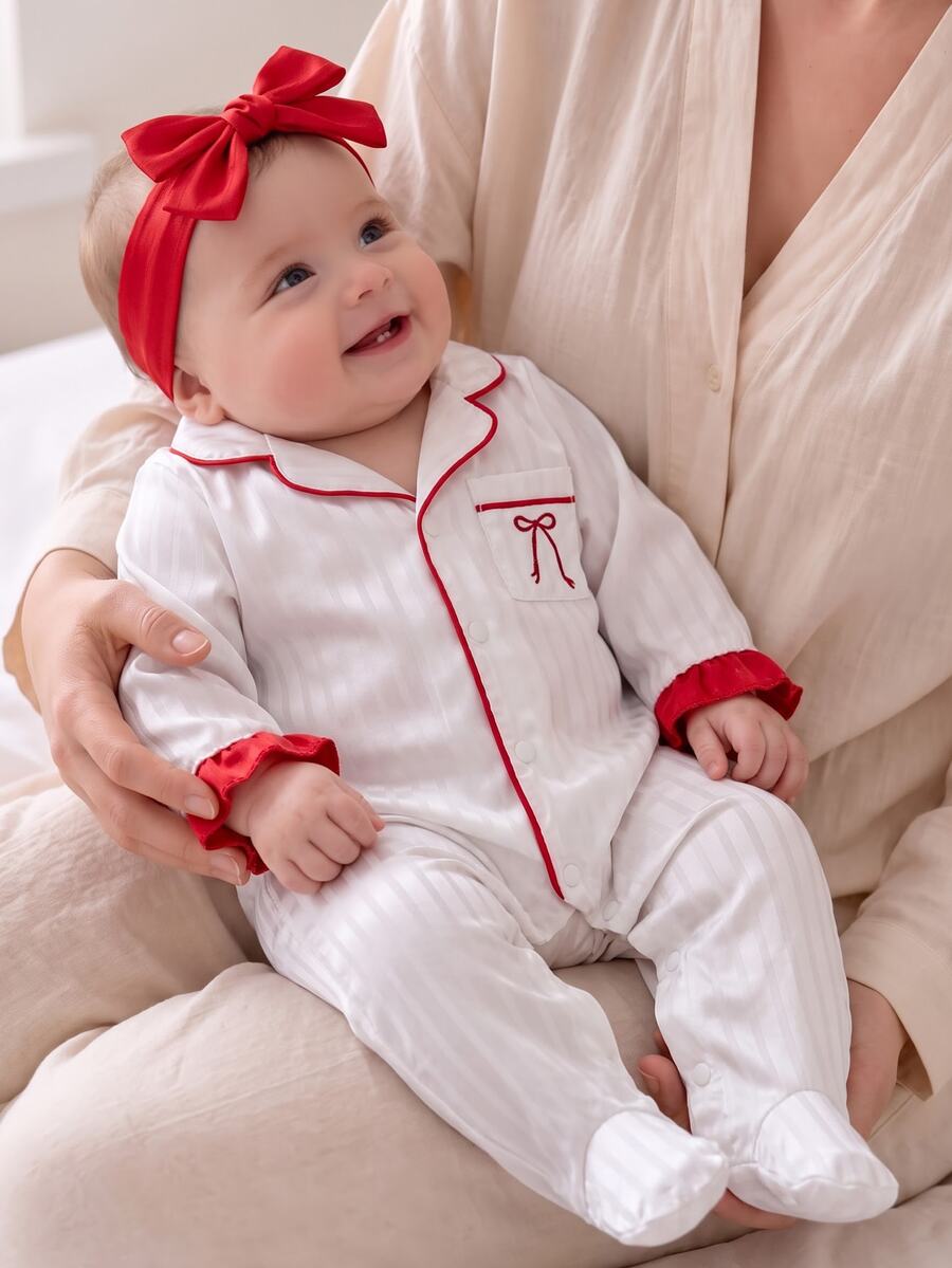 Newborn Baby Bowknot Pattern Pocket Design Long Sleeve Romper - White - View 1