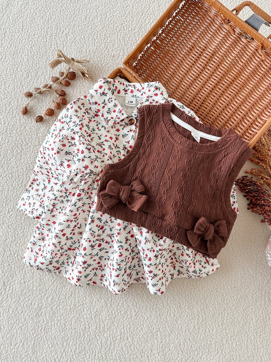 SHEIN 2pcs/Set Baby Girl Casual Spring/Autumn Floral Dress + Brown Cable Knit Vest Outfit - Multicolor - View 1
