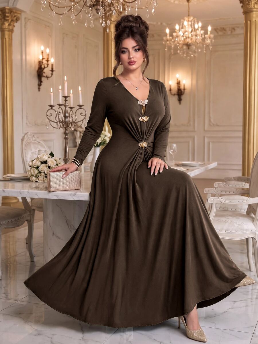Roveilla Women Plus Size Elegant Knit Dress V-Neck Elastic Long Sleeve Solid Color Metal Button Cinched Waist Ruched Split Hem Dress - Brown - View 1