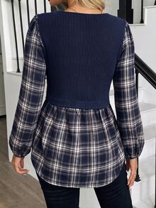 SHEIN LUNE 休閒學院風復古 70s 80s 女款秋季格紋拼接長袖上衣 日常校園穿搭 感恩節早午餐棕色格紋上班上衣 - 藏蓝色 - 查看 2