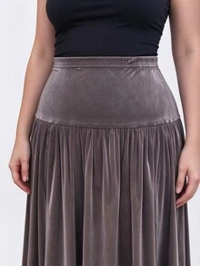 Velvienne Plus Size Velvet Solid Color Lace Trim A-Line Skirt For Women, Autumn/Winter - Dusty Purple - View 3