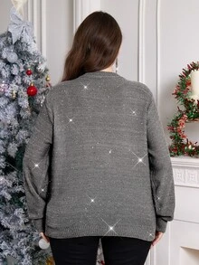 SHEIN Clasi Plus Size Women's Sequin Bow Round Neck Long Sleeve Pullover Sweater - Grey - View 2