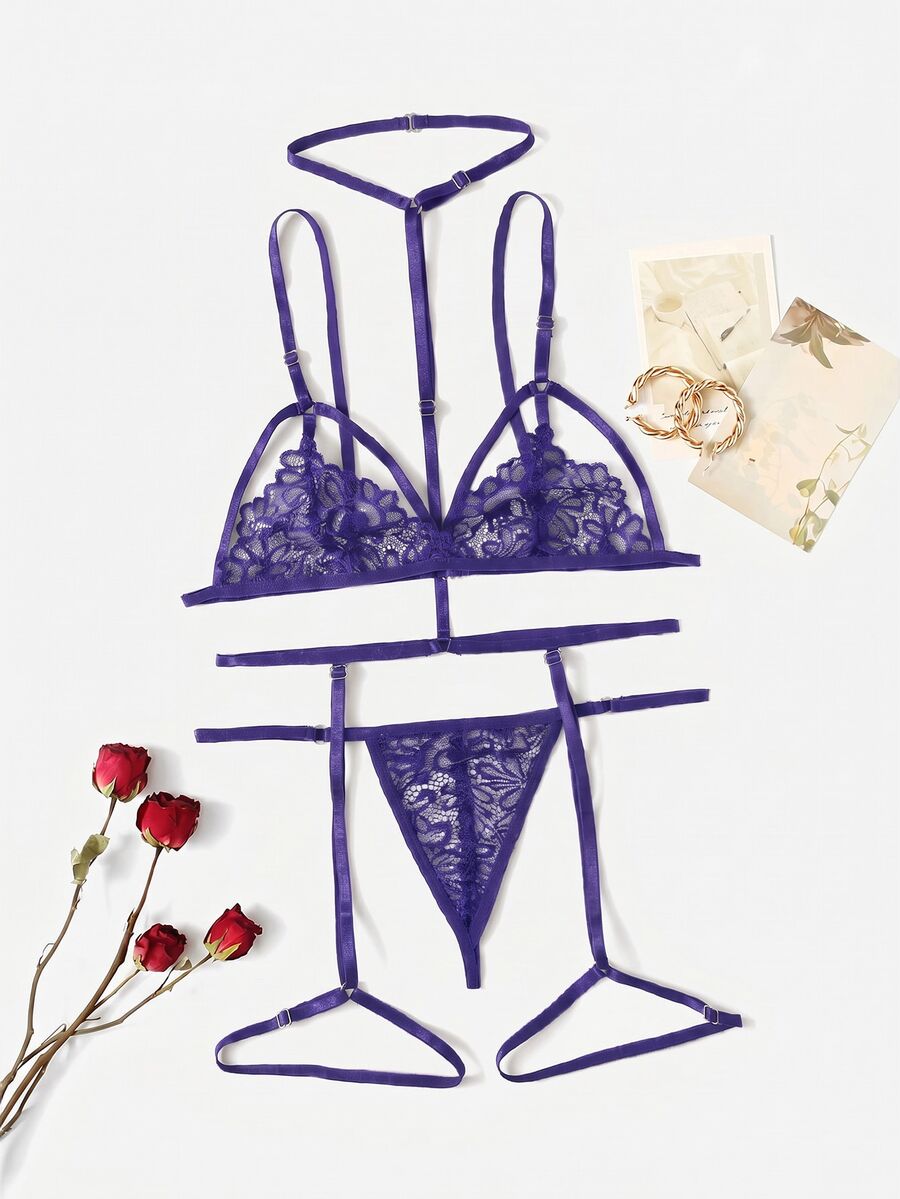 SHEIN Set Pakaian Dalam Wanita dengan Desain Potongan Renda - Purple - View 1