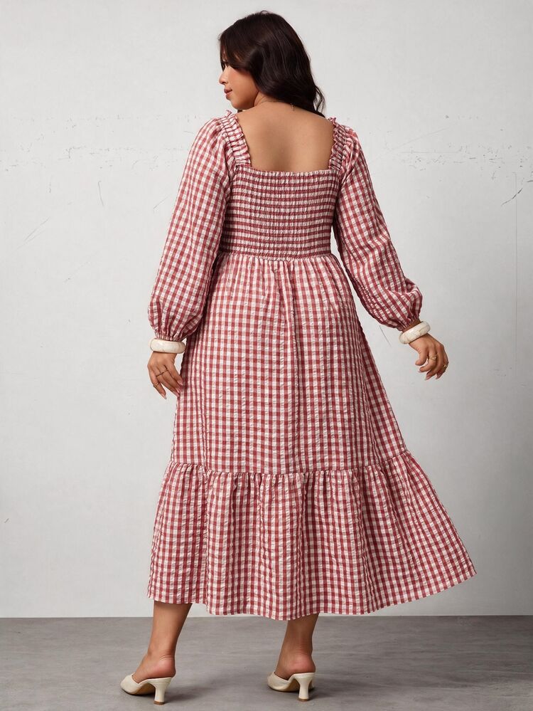 Enliva Plus Size Women's Vacation Loose Plaid Dress Fall - Burgundy - View 2