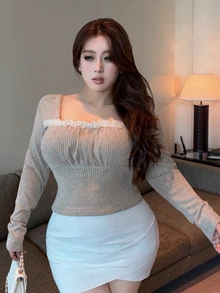 REIGN AVE Plus Size Women's Lace Patchwork Casual Versatile Daily Wear T-Shirt - Apricot - View 6