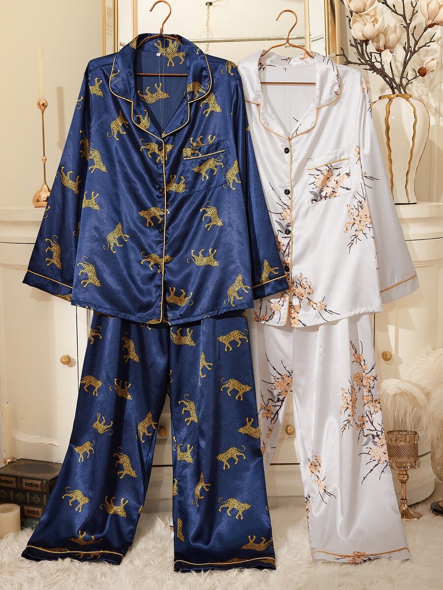 MuseNap CURVE Autumn/Winter Floral & Leopard Print Front Button Lapel Trim Long Sleeve Pants Women Plus Size Pajama Set 4pcs - Multicolor - View 1