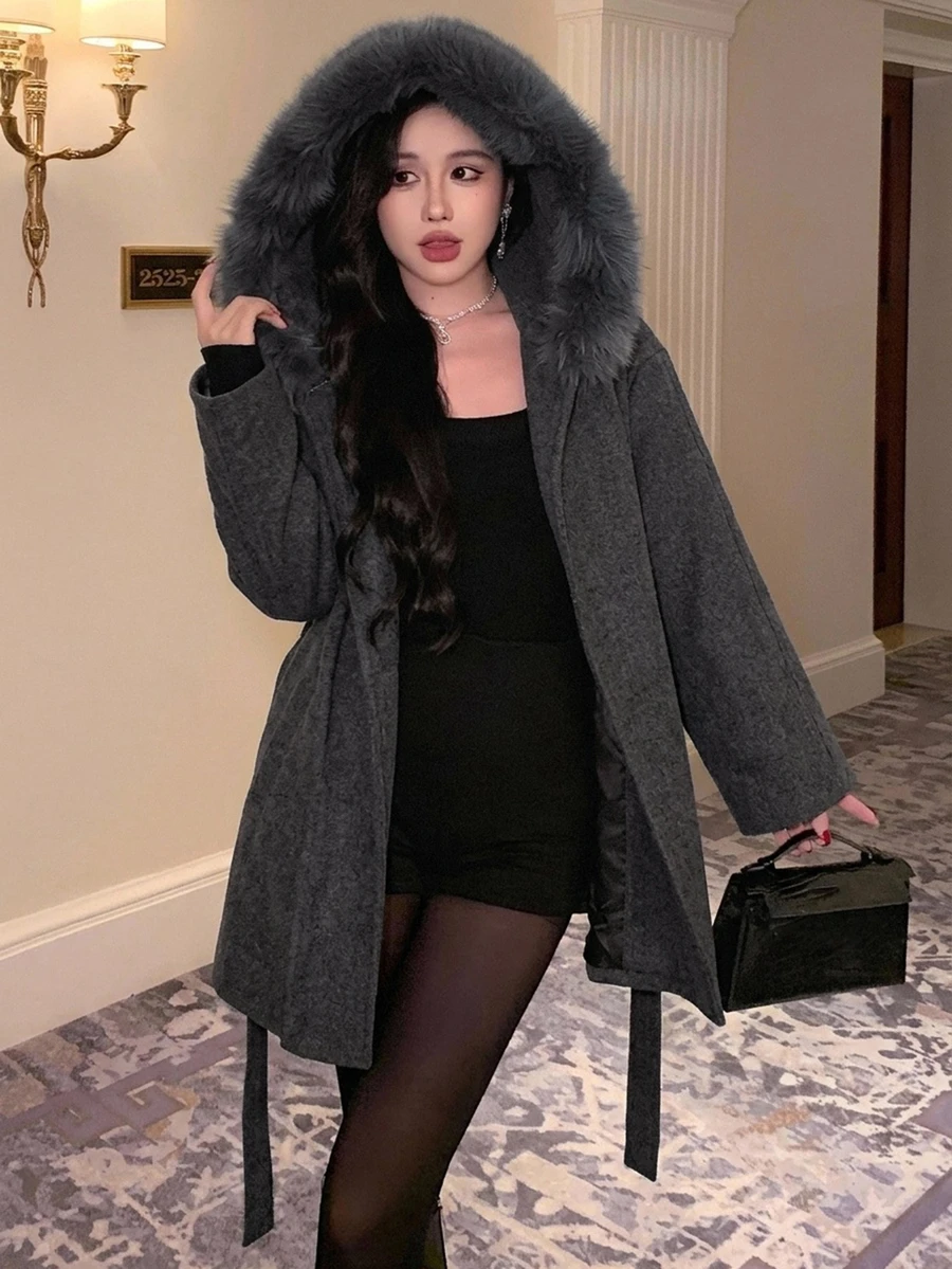 DAZY 女款優雅領口腰帶大衣,秋冬夾克 - 深灰色 - 查看 1