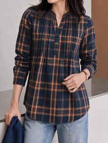 Yumoku 女款格紋鈕扣半開襟襯衫，適合度假穿著 - 彩色 - 查看 5