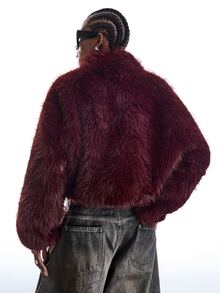 LYSMO Women's Elegant Long Sleeve Faux Fur Jacket Streetwear - Burgundy - View 2