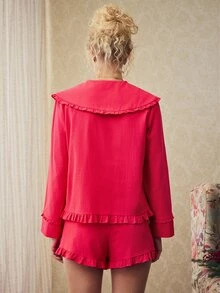 Elorette Frill Trim Bow Front PJ Set - Red - View 2