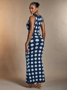 Hauture Polka Dot Jacquard Cutout Sexy Knit Dress, Suitable For Holiday Parties And Dinner Dates - Royal Blue - View 4