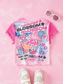 THE POWERPUFF GIRLS X SHEIN Tween Girl Letter Cartoon Print Casual Daily Short Sleeve T-Shirt - Pink - View 2