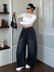 Dazy Plus American Style Loose Curved Leg Denim Jeans, Vintage Washed Wide Leg Casual Long Pants - Black - View 9