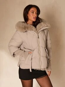 Glamine Abrigo acolchado de invierno con capucha desmontable y puños acanalados largos - Albaricoque - Ver 6