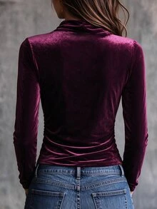 SHEIN تي شيرت نسائي بياقة عالية للخريف، مناسب للربيع والخريف، تصميم سحب علوي، متعدد الاستخدامات للطبقات والملابس الخارجية - الأرجواني - مشاهدة 2