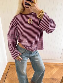 SHEIN EZwear Women's Striped Round Neck Long Sleeve Casual Loose Fit T-Shirt - Multicolor - View 6