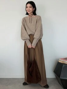 FRIFUL Women's Solid Color Asymmetric Collar Batwing Long Sleeve Loose Sweater - Khaki - View 3