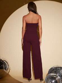 SHEIN Tall 女款無肩帶短版上衣與開衩褲腳長褲套裝，適合高個女性 - 紫紅色 - 查看 2