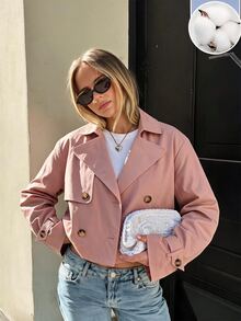 SHEIN EZwear 灰色編織女款長袖雙排扣夾克 辦公室秋季法式優雅 - 粉色 - 查看 9