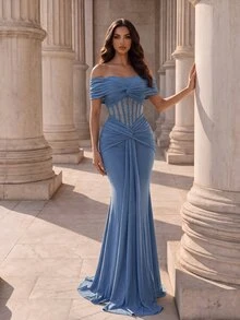 Coutiva Women's Fishbone Rhinestone Pleated Formal Evening Gown Dress - Dusty Blue - View 6