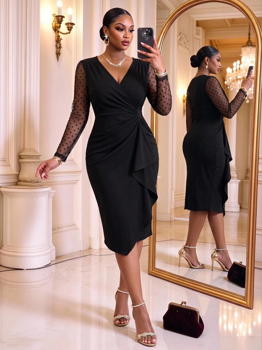 SHEIN Lady فستان مقاس كبير مثير وأنيق بحافة كشكشة ناعمة حفلة كوكتيل رسمي أسود للخروج ليلاً غامض رأس السنة التخرج ضيف الزفاف موعد ذكي ليلة الخريف - الأسود - مشاهدة 1