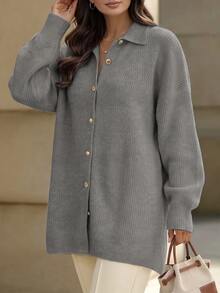 Linhara Plus Size Women Solid Color Casual Versatile Daily Cardigan - Grey - View 3