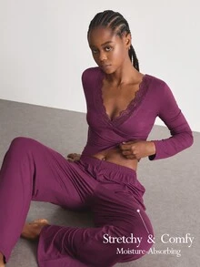 Ocili Set Piyama Celana Panjang Lengan Panjang Leher V Berbahan Rajut Renda Nyaman untuk Wanita - Red Violet - View 1