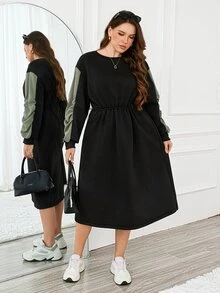 Easowa Curve Plus size minimalistisk plisserad colorblock-klänning - Svart - Visa 6