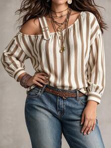 Weeklong Women's Plus Size Autumn/Winter Casual Asymmetrical Shoulder Long Sleeve Brown Striped Print Loose Blouse - Multicolor - View 7