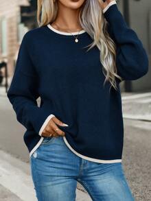 SHEIN Autumn/Winter Casual Colorblock Trim Sweater - Navy Blue - View 7